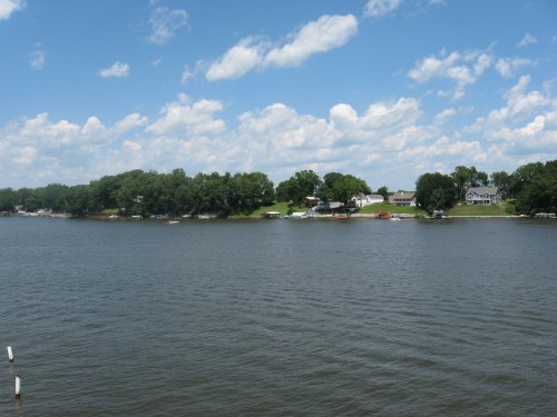 A serene lake view with lush green trees and houses along the shore under a partly cloudy blue sky.