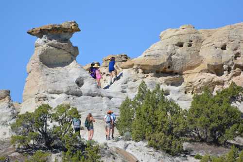 Hikers ascend a rocky trail with unique rock formations and greenery under a clear blue sky.