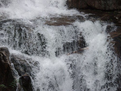 A close-up of cascading water over rocky surfaces, creating a frothy, white foam effect.