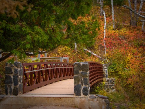 A wooden bridge with stone pillars surrounded by vibrant autumn foliage and trees.