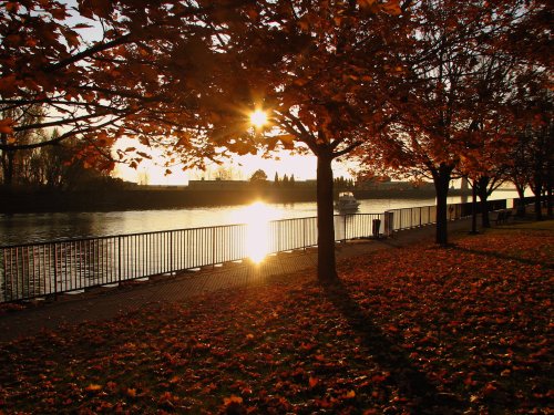 Sunset over a river, with vibrant autumn leaves and a peaceful walkway along the water's edge.