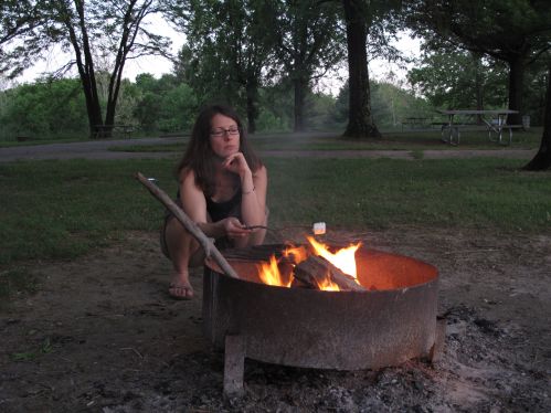 A person sits by a campfire, thoughtfully roasting marshmallows, surrounded by trees in a park setting.
