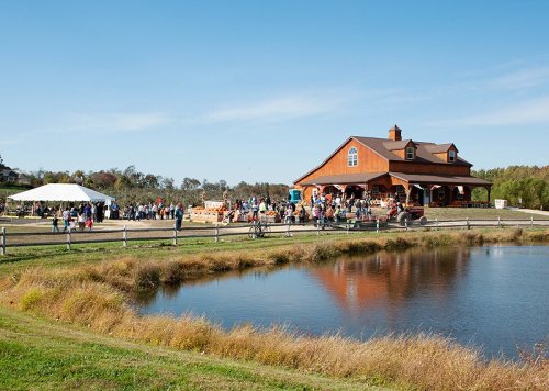 A bustling farm scene with a large barn, a pond, and people enjoying an outdoor event under a tent.