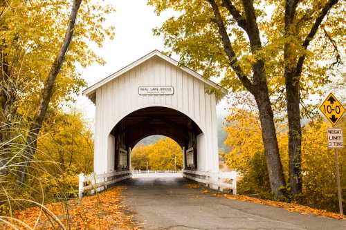 A white covered bridge surrounded by vibrant autumn foliage and a road sign indicating a weight limit.