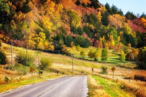 A winding road through a vibrant autumn landscape with colorful trees and rolling hills.