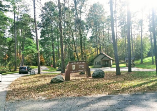 Sign for Chester State Park with trees and a small building in the background, surrounded by fallen leaves.