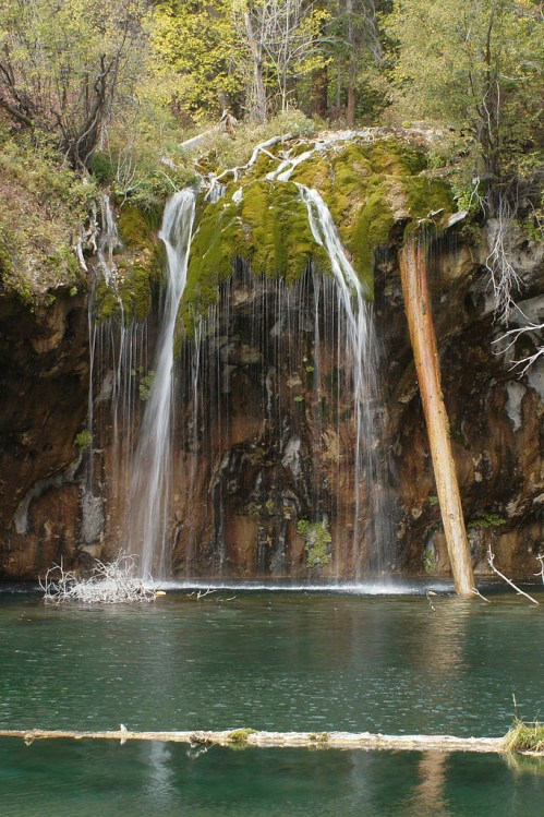 A serene waterfall cascades over moss-covered rocks into a tranquil, clear pool surrounded by lush greenery.