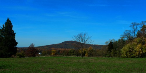 A scenic view of a grassy field with a distant hill under a clear blue sky, surrounded by autumn foliage.