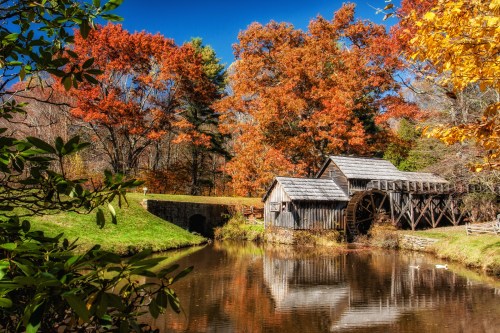 A scenic view of a watermill beside a pond, surrounded by vibrant autumn foliage and clear blue skies.