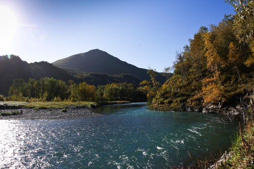 A serene river flows through a landscape of trees with autumn foliage, framed by a mountain under a clear blue sky.