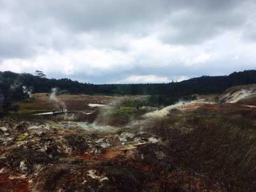 A landscape with steam rising from the ground, surrounded by greenery and overcast skies.