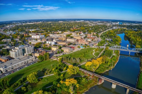 Aerial view of Grand Forks, North Dakota, during autumn with fall foliage.
