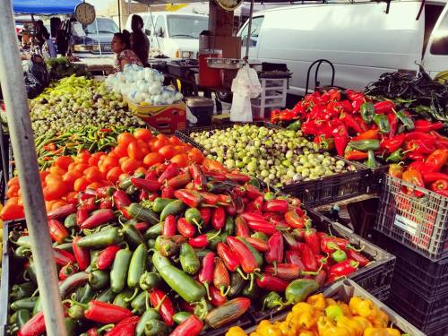 A vibrant farmers market display with colorful peppers, tomatoes, and various vegetables in crates.