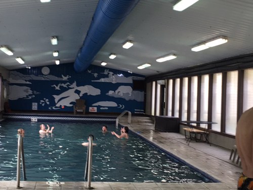 Indoor swimming pool with people enjoying the water, surrounded by blue walls and large windows.