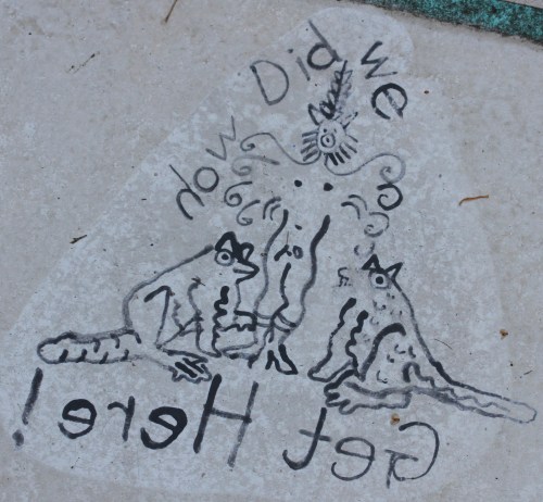 A whimsical drawing on a surface featuring two raccoon-like creatures and a sun, with the text "How did we get here!"