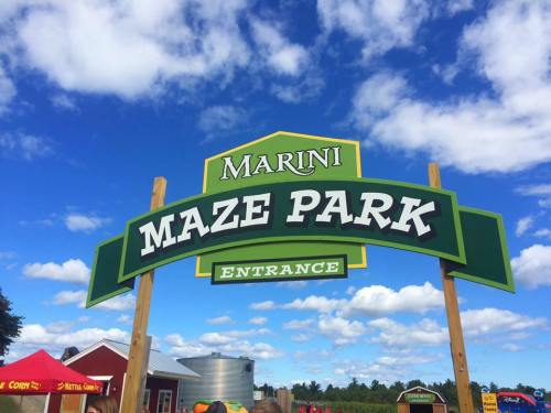Sign for "Marini Maze Park Entrance" against a blue sky with clouds, surrounded by trees and buildings.