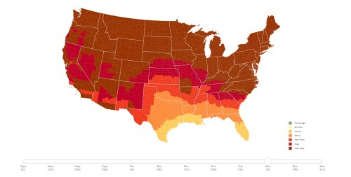 Map of the U.S. showing varying drought levels across regions from September to December 2021, with color-coded severity.