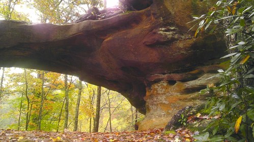 A large rock formation arches over a forest path, surrounded by autumn foliage and trees.