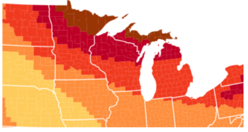 Map showing temperature zones in the Midwest, with colors ranging from yellow to red indicating varying heat levels.