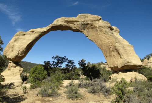 Natural stone arch surrounded by shrubs and trees under a clear blue sky.