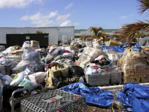 A large pile of discarded items and debris, including bags and containers, in an outdoor area under a blue sky.