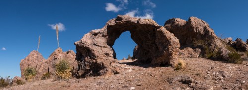 A natural rock arch surrounded by desert vegetation under a clear blue sky.