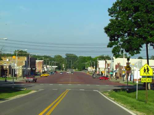 A quiet small-town street with shops on either side, a clear sky, and a pedestrian crossing sign.