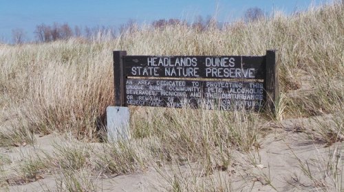 Sign at Headlands Dunes State Nature Preserve, highlighting rules about alcohol and disturbance in the area.