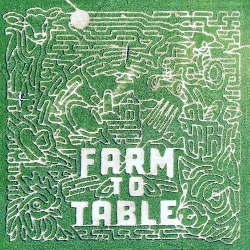 A green maze design featuring the words "FARM TO TABLE" in bold white letters.