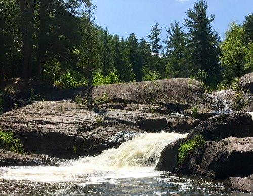 A serene waterfall cascades over rocky terrain, surrounded by lush green trees under a clear blue sky.