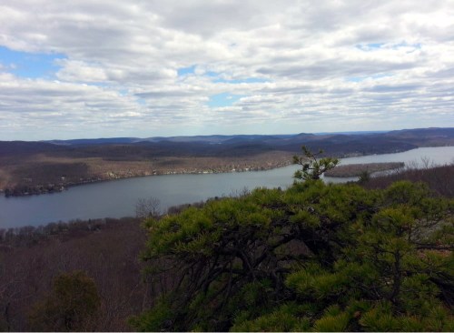 A scenic view of a river winding through hills, with clouds in the sky and greenery in the foreground.