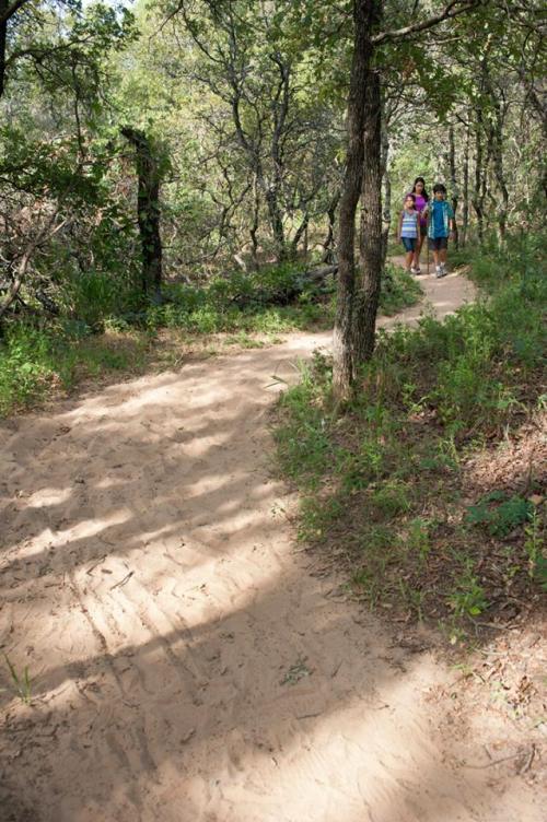 Two people walk along a sandy trail surrounded by trees and greenery in a natural setting.
