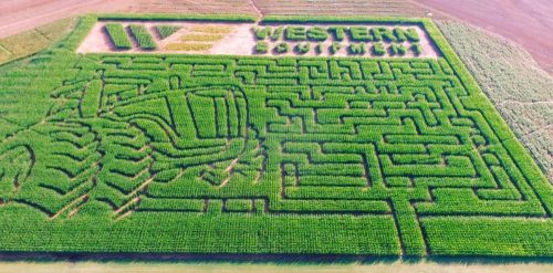 Aerial view of a corn maze shaped like a tractor, featuring the words "Western Equipment" carved into the greenery.