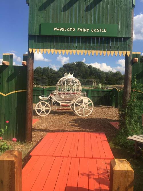 A whimsical entrance to the Woodland Fairy Castle, featuring a white carriage and vibrant green wooden fencing.