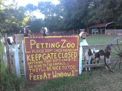 A sign at a petting zoo instructs visitors to keep the gate closed and be kind to the animals, with goats nearby.
