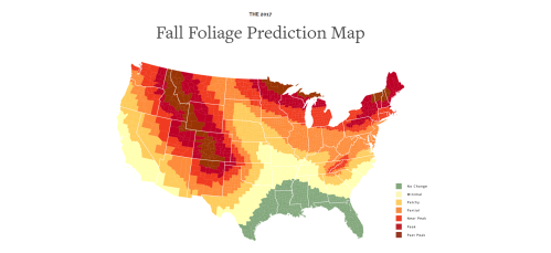 Map showing fall foliage predictions across the U.S., with color-coded regions indicating peak, partial, and no change.