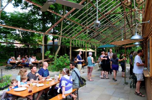 A lively outdoor gathering in a greenhouse, with people dining and socializing at tables surrounded by greenery.