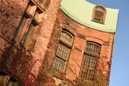 A close-up of a weathered brick building with ivy climbing its walls and a curved green roof under a clear blue sky.