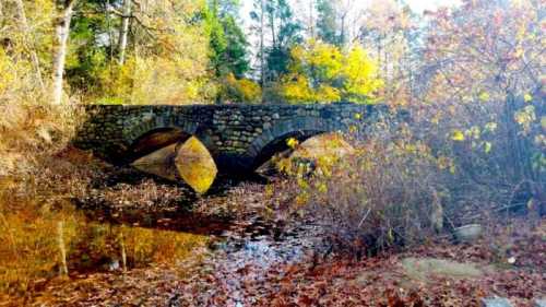 A stone bridge arches over a calm, reflective stream surrounded by autumn foliage and trees.