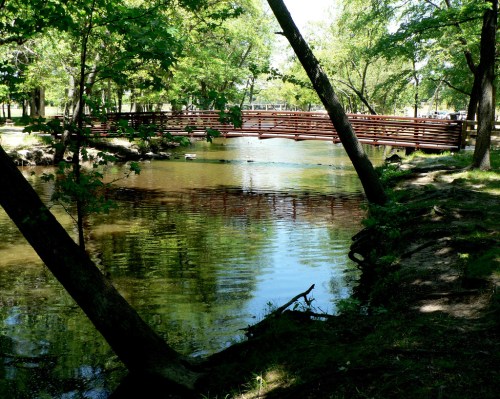 A serene park scene featuring a wooden bridge over a calm stream, surrounded by lush green trees.