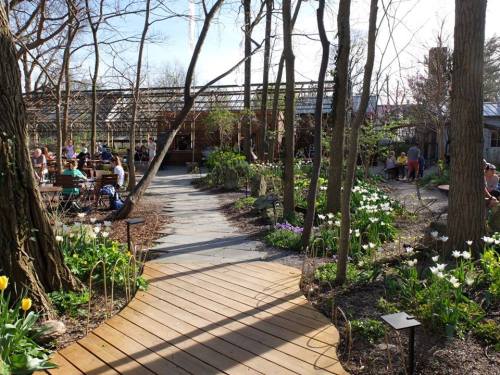 A serene garden path leads through blooming flowers and trees, with people enjoying the outdoor space in the background.
