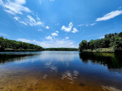 A serene lake surrounded by lush greenery under a bright blue sky with fluffy clouds. Reflections shimmer on the water.