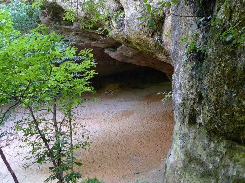 A rocky cave entrance surrounded by lush green foliage and sandy ground inside the cave.