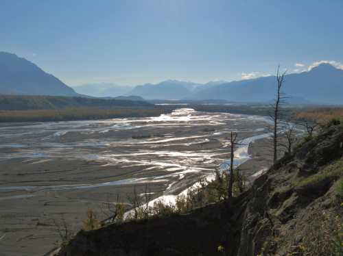 A scenic view of a winding river through a valley, surrounded by mountains and sparse trees under a clear blue sky.