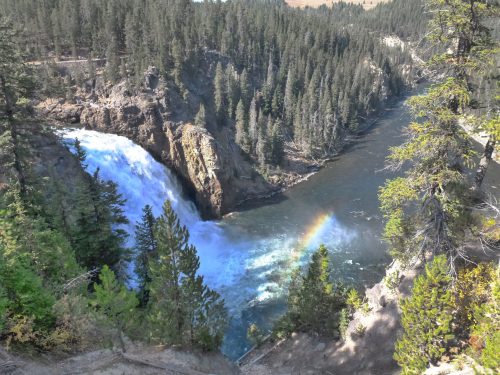 A scenic view of a waterfall cascading into a river, surrounded by lush green trees and a rainbow in the mist.