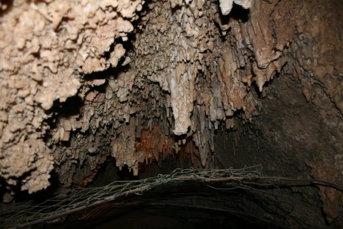 Stalactites hang from a cave ceiling, with rocky textures and a dark background.
