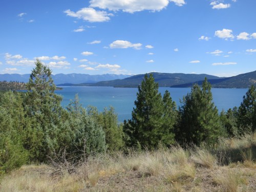 A serene lake surrounded by trees and mountains under a blue sky with fluffy clouds.