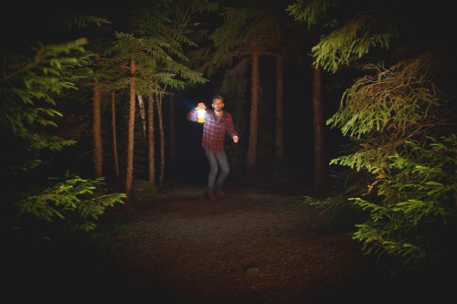 A person in a plaid shirt holds a flashlight while running through a dark forest, surrounded by trees.