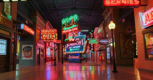 A vibrant indoor street scene filled with colorful neon signs for restaurants and shops, creating a lively atmosphere.