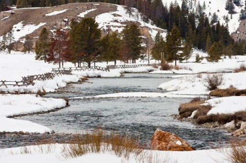 A serene winter landscape featuring a flowing river, snow-covered banks, and evergreen trees in the background.